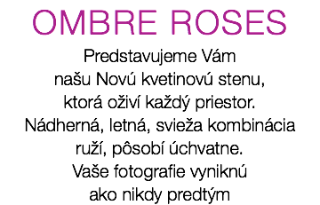 OMBRE ROSES Predstavujeme Vám našu Novú kvetinovú stenu, ktorá oživí každý priestor. Nádherná, letná, svieža kombinácia ruží, pôsobí úchvatne. Vaše fotografie vyniknú ako nikdy predtým